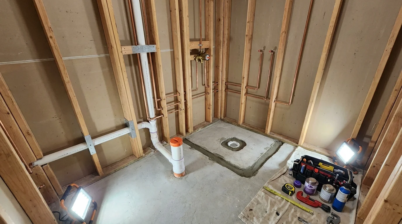 Bathroom rough-in plumbing during remodel by Johns Plumbing LLC in Laurinburg