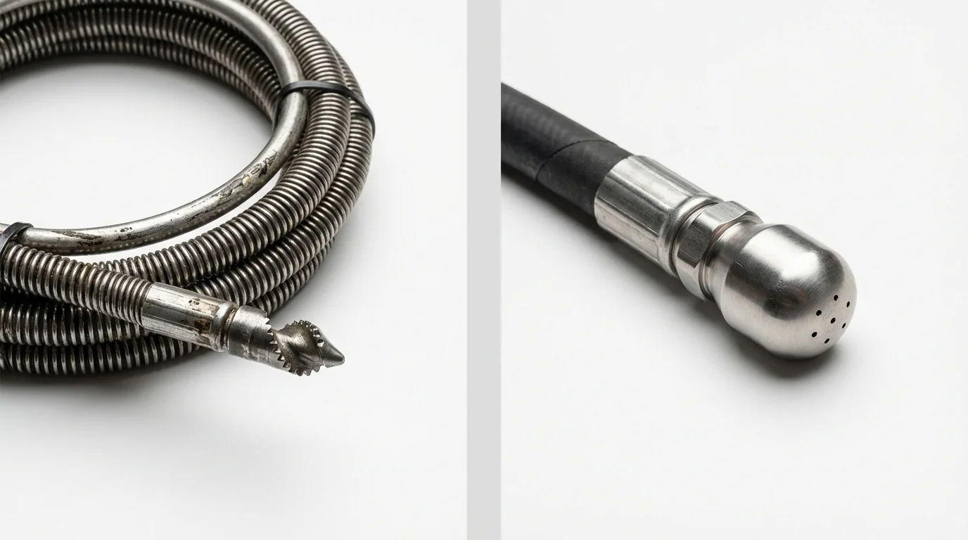 Drain snake cable and hydro jetting nozzle used for drain cleaning in Laurinburg, NC