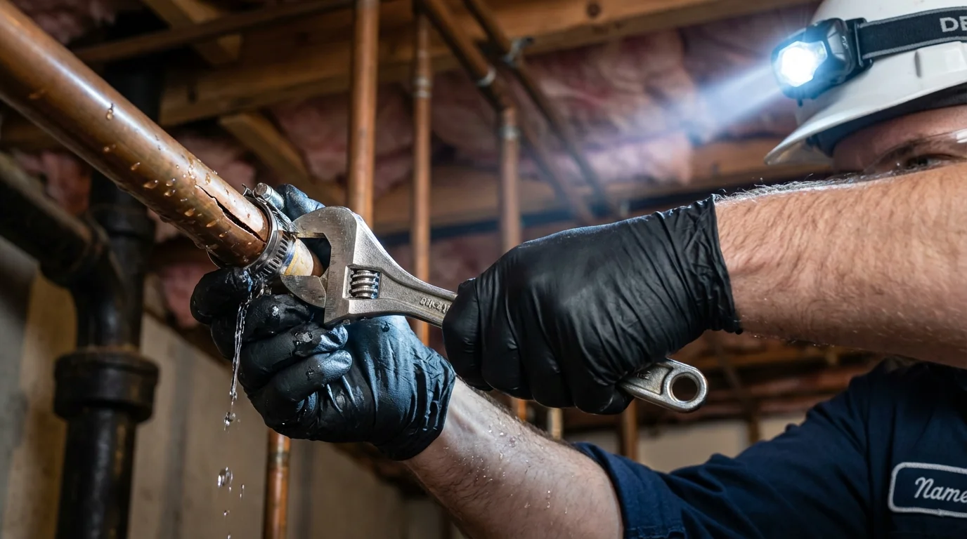 Emergency pipe clamp repair being performed by a Johns Plumbing LLC plumber in Laurinburg