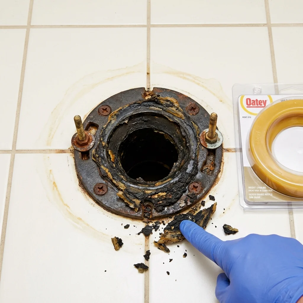 Failed wax ring showing water seepage at the base of a toilet in a Laurinburg, NC home