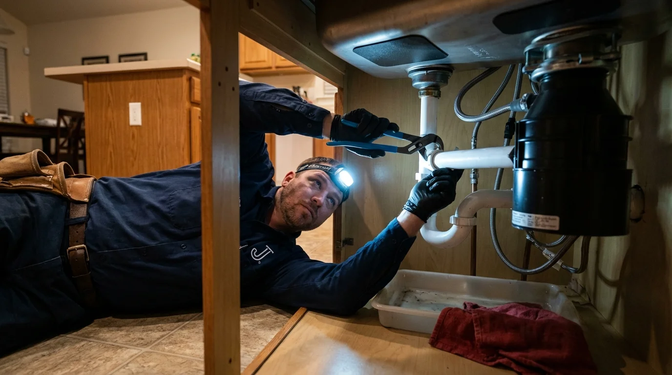 P-trap and supply line connections under a kitchen sink showing a common leak point in Laurinburg, NC